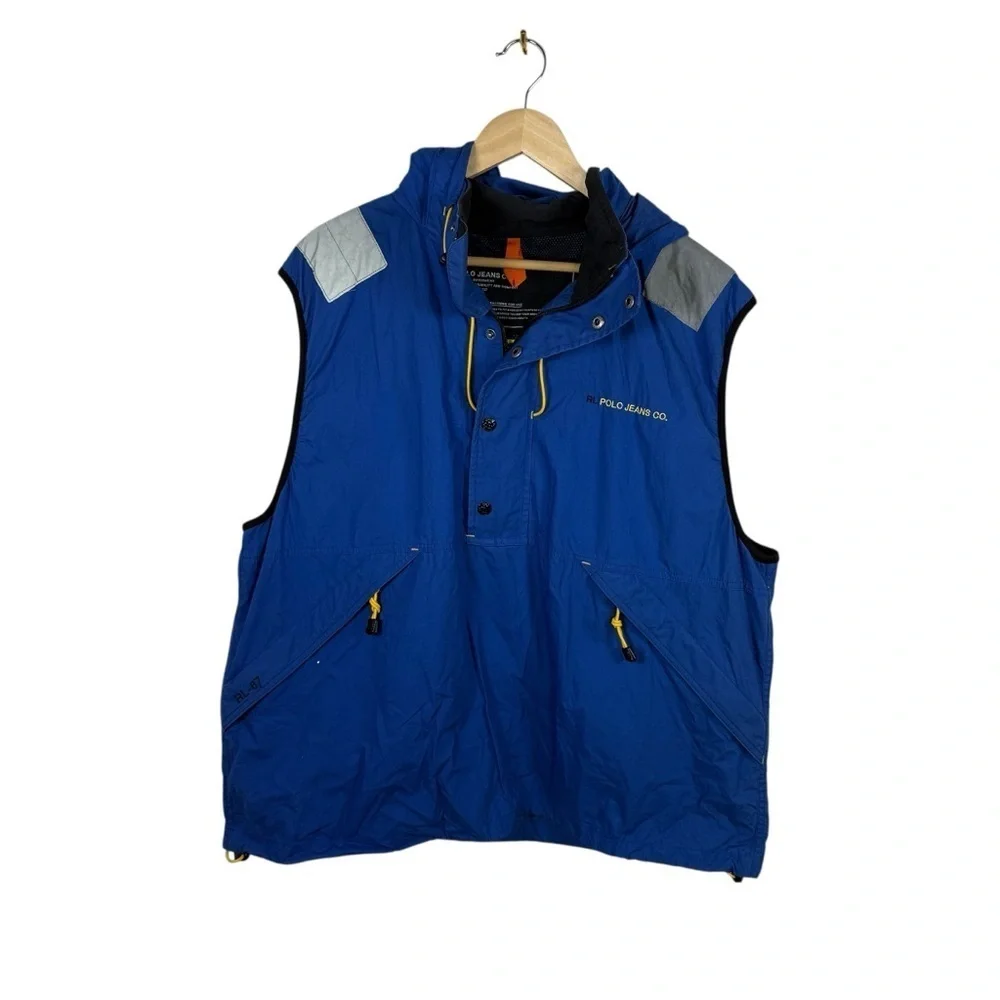 VINTAGE RARE 90s RL Polo Jeans Ripstop Nylon Hooded Vest Blue XL